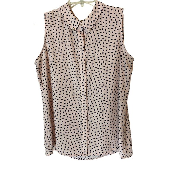 Karl Lagerfeld Paris Sleeveless Pink Navy Polka Blouse Pearl Buttons Large - Picture 2 of 10